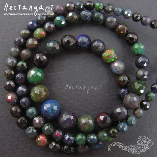 Опал натуральный эфиопский черный ограненный шар 3-7 (уп. 7 шт), изображение 2