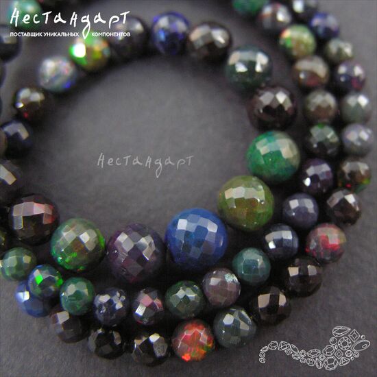 Опал натуральный эфиопский черный ограненный шар 3-7 (уп. 7 шт), изображение 4