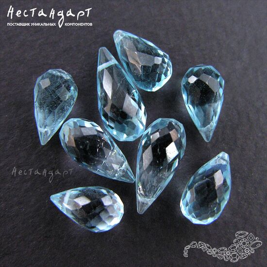 Топаз натуральный голубой Briolette Drop с ювелирной огранкой 7-9 мм, изображение 2