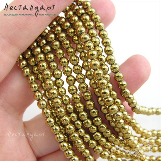 Гематит гладкий гальванизированный Antique Gold 4 мм (нить 20 см), изображение 2