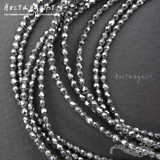 Гематит Hematite с огранкой 2 мм (нить 19 см), изображение 3