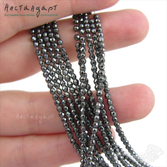 Гематит Hematite с огранкой 2 мм (нить 19 см), изображение 5