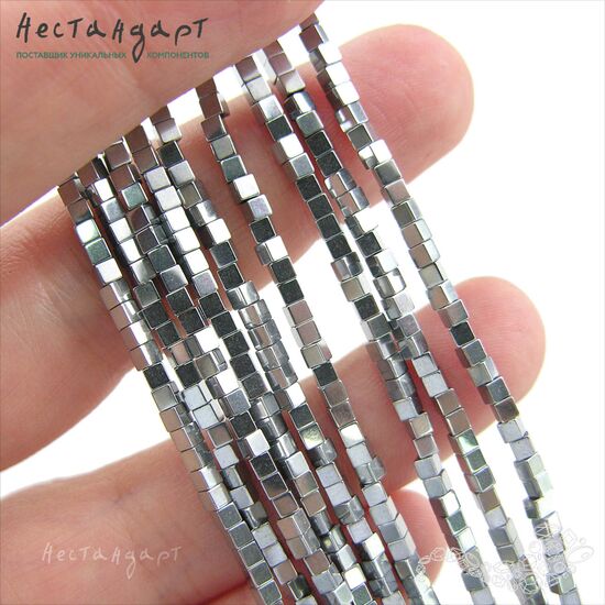 Гематит гладкий гальванизированный Cube 2 мм (нить 20 см), изображение 2