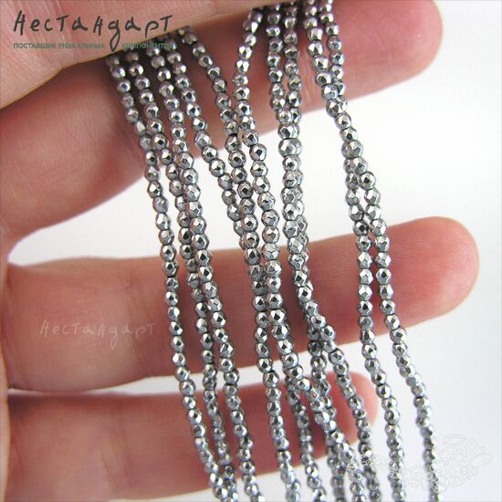 Гематит гальванизированный Hematite с огранкой 2 мм (нить 20 см), изображение 2