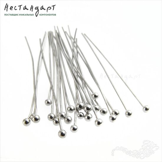 Пин с шариком Rhodium Tone (30 шт.) (40x0,6 мм), Размер: 40x0,6 мм, изображение 2