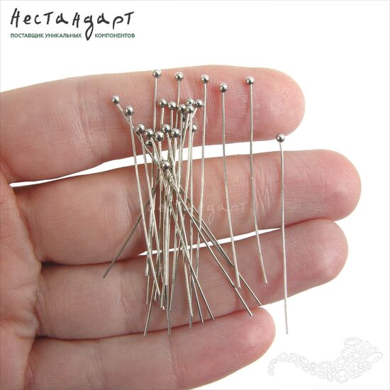 Пин с шариком Rhodium Tone (30 шт.) (40x0,6 мм), Размер: 40x0,6 мм, изображение 3
