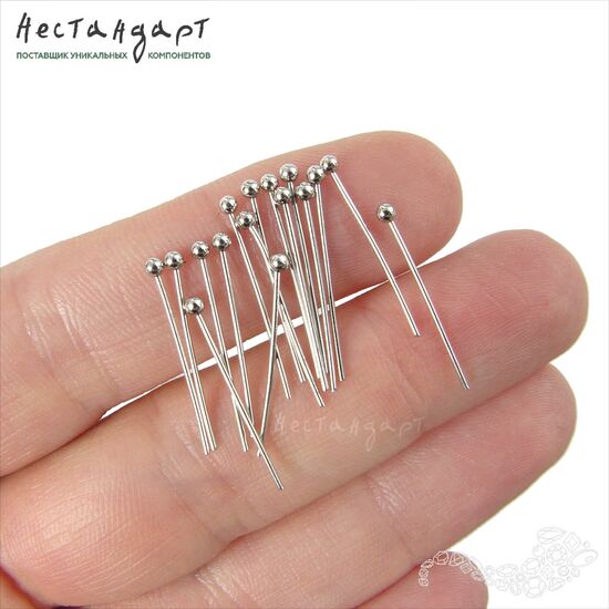 Пины с шариком South Korea Rhodium Plated (30 шт) (20x0,6 мм), Размер: 20x0,6 мм, изображение 2