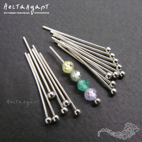 Пины с шариком South Korea Rhodium Plated (30 шт) (20x0,6 мм), Размер: 20x0,6 мм, изображение 3