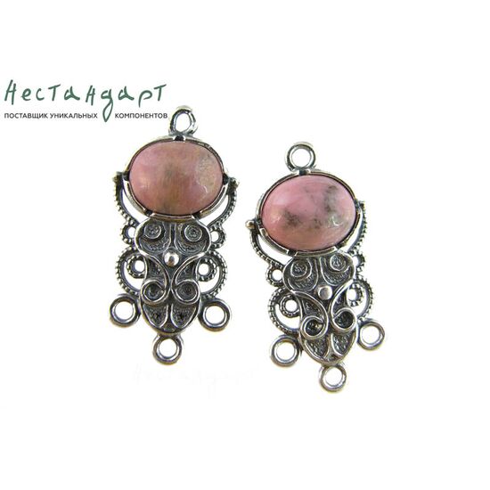 Коннектор со вставкой Родонит Vintage Silver Plated 28х14 мм