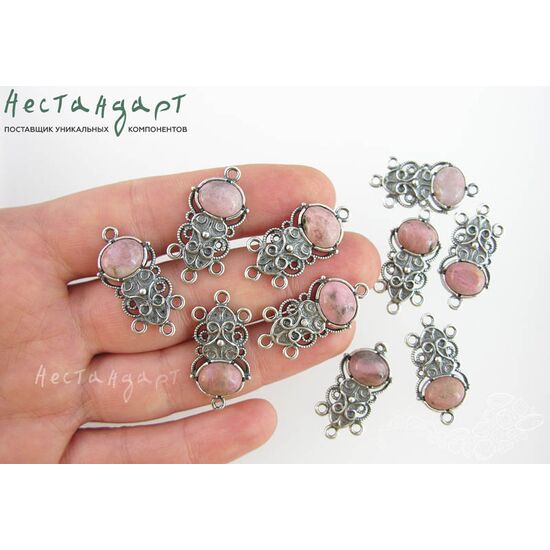 Коннектор со вставкой Родонит Vintage Silver Plated 28х14 мм, изображение 2