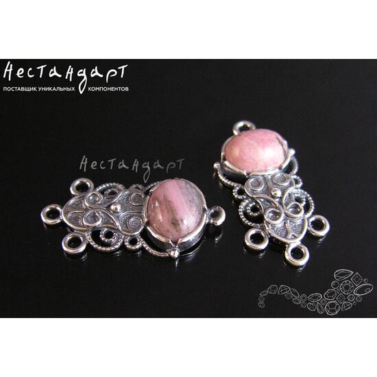 Коннектор со вставкой Родонит Vintage Silver Plated 28х14 мм, изображение 3