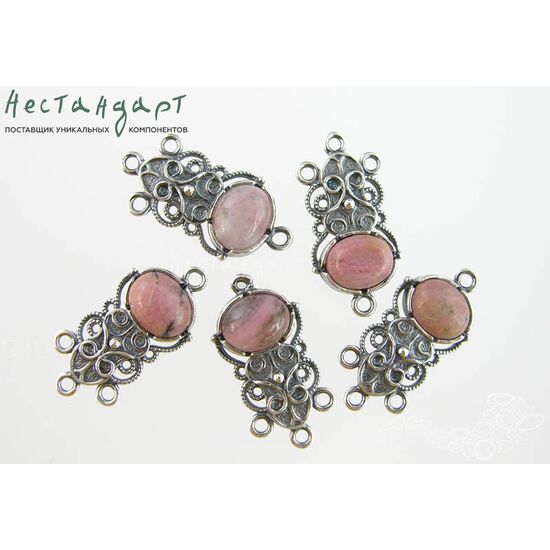 Коннектор со вставкой Родонит Vintage Silver Plated 28х14 мм, изображение 4