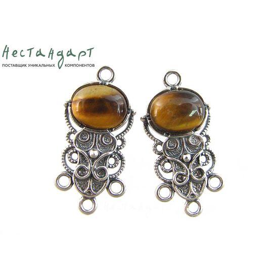 Коннектор со вставкой Тигровый глаз Vintage Silver Plated 28х14 мм
