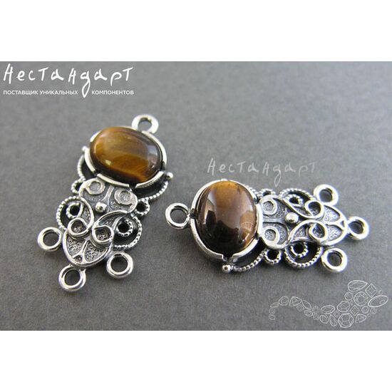 Коннектор со вставкой Тигровый глаз Vintage Silver Plated 28х14 мм, изображение 2
