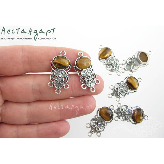 Коннектор со вставкой Тигровый глаз Vintage Silver Plated 28х14 мм, изображение 3