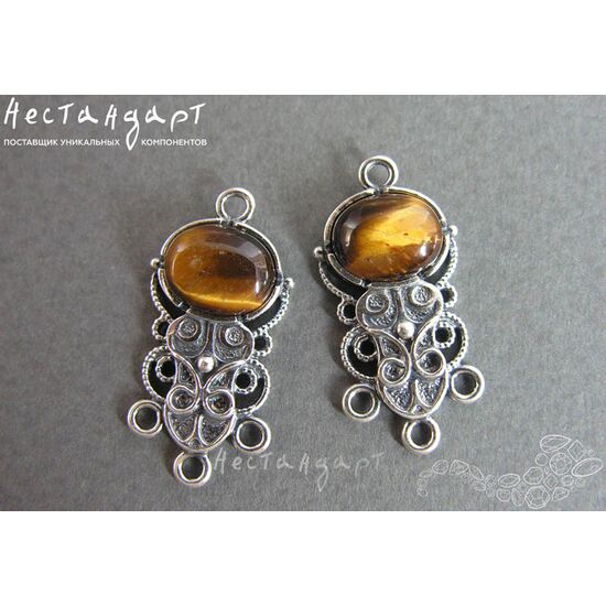 Коннектор со вставкой Тигровый глаз Vintage Silver Plated 28х14 мм, изображение 4