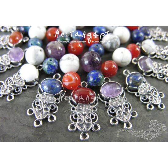 Коннектор со вставкой Сердолик Vintage Silver Plated 28х14 мм, изображение 3